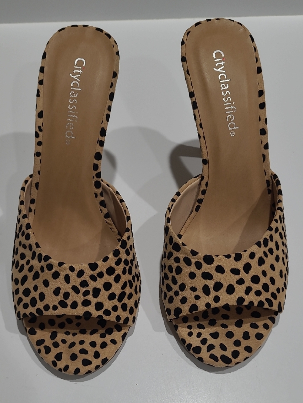 Cityclassified Tan and Black Leopard Slide Sexy Mules - Size 8